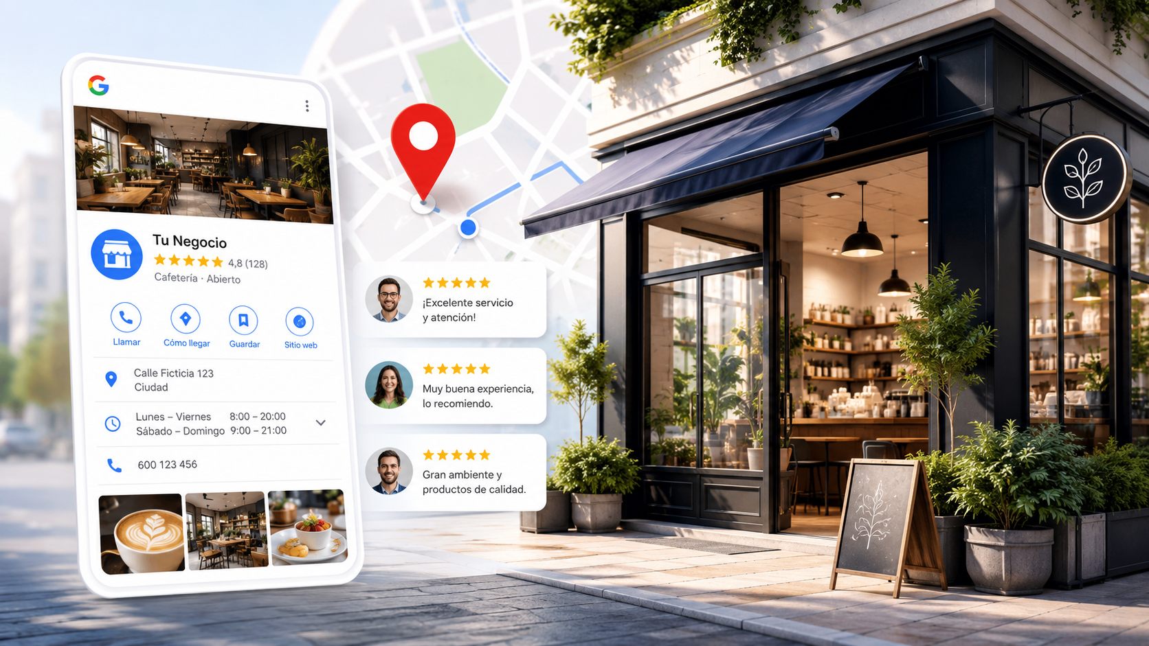 Ficha de Google Business Profile de un negocio local, con reseñas de clientes y ubicación en el mapa