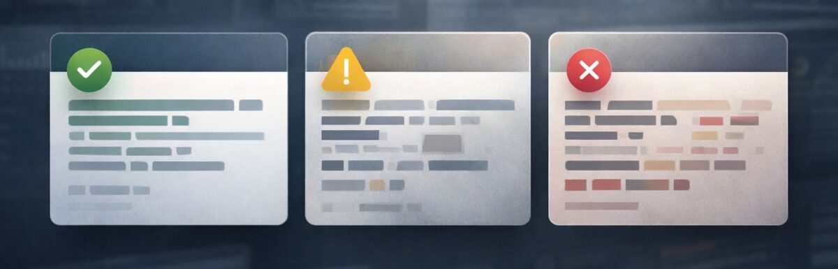 Panel comparativo de respuestas de inteligencia artificial con indicadores de verificación, duda y error, representando las alucinaciones en LLMs